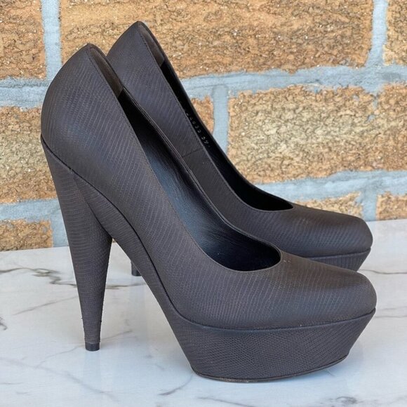 Saint Laurent Brown Ysl Aliama Lizard Embossed Suede Heels Pumps Size 39… - Picture 1 of 13